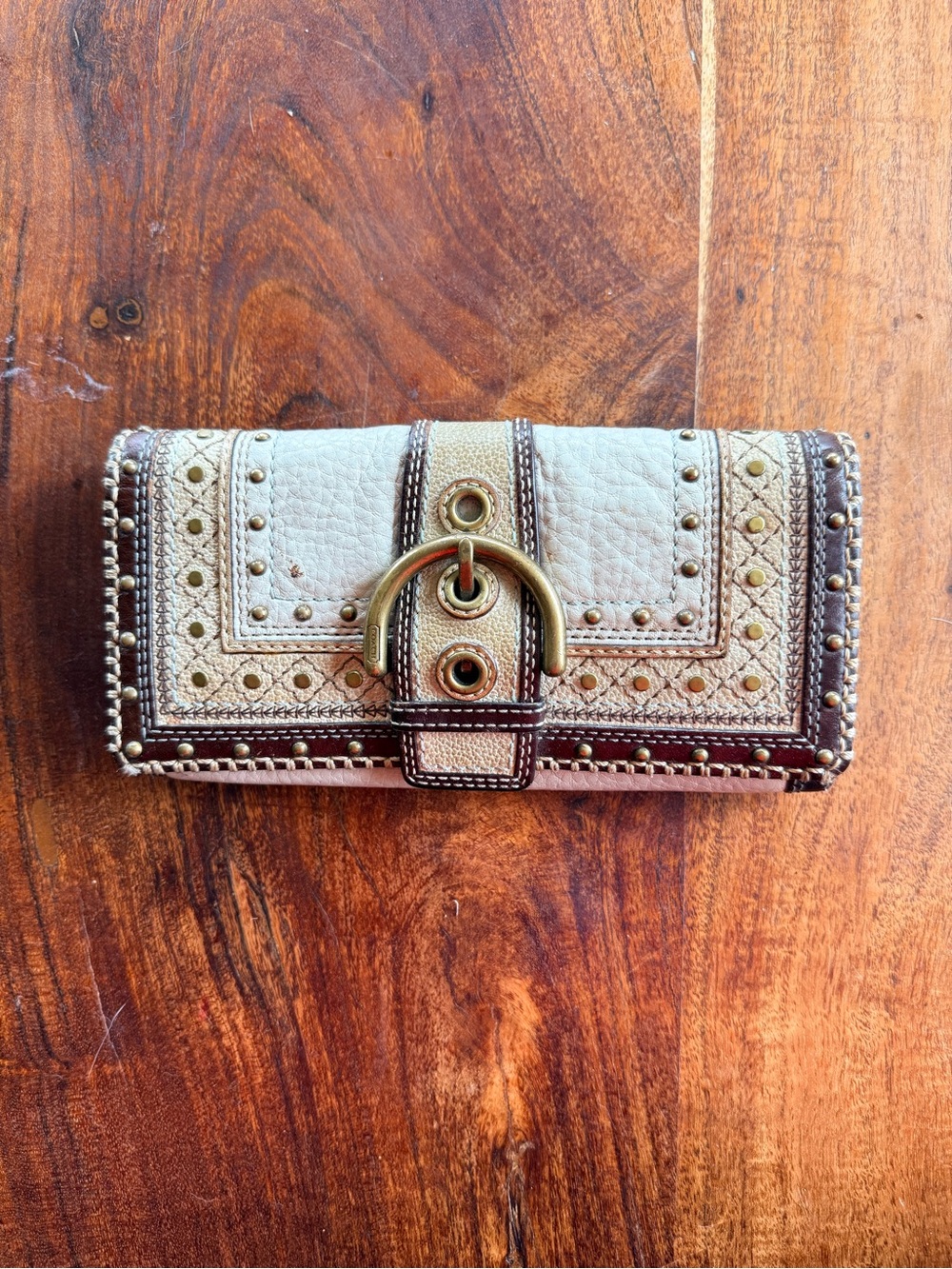 Coach Cream and Brown Leather Buckle Wallet with Gold Hardware